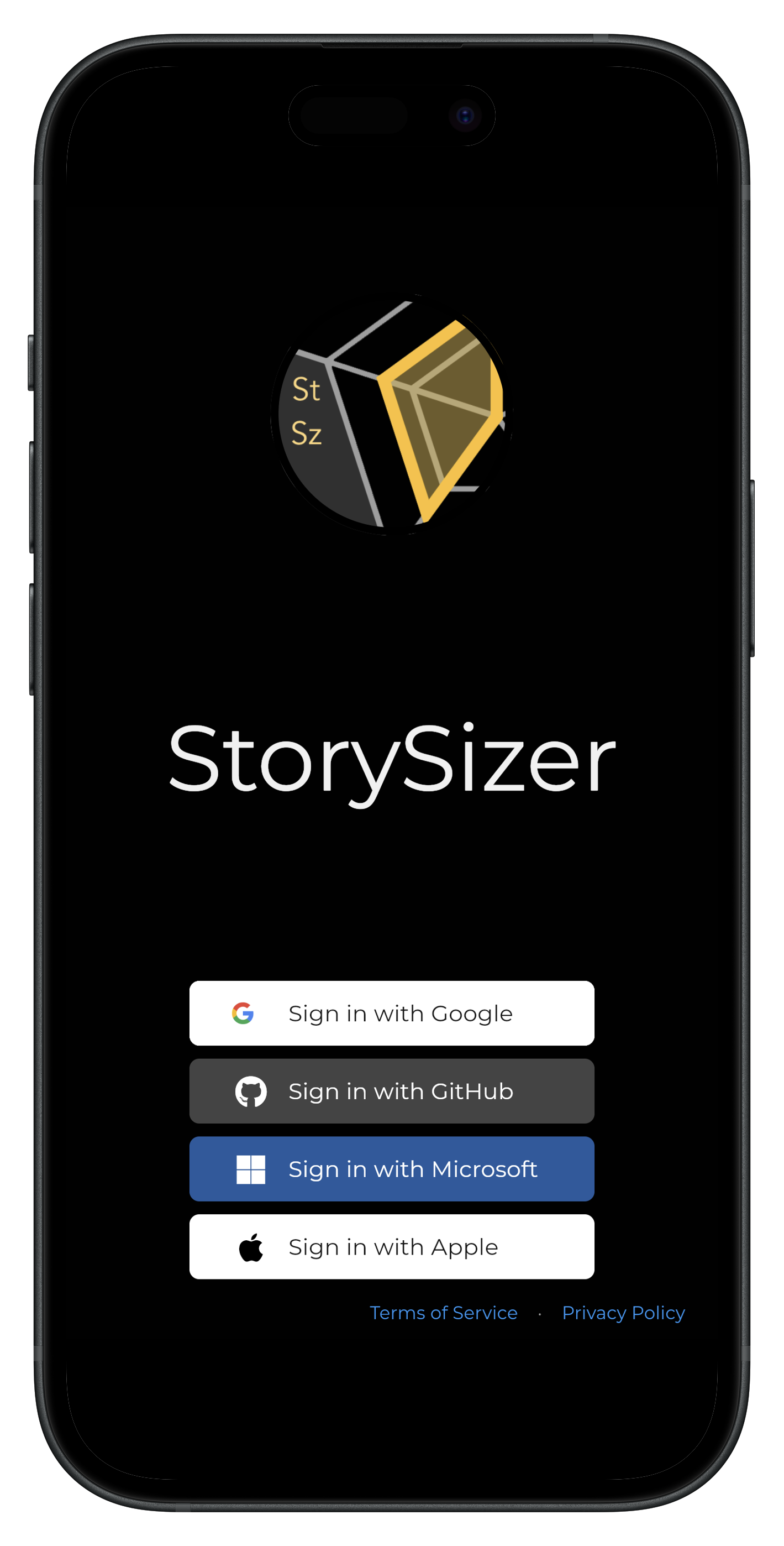 Storysizer login with Google, GitHub, and Microsoft